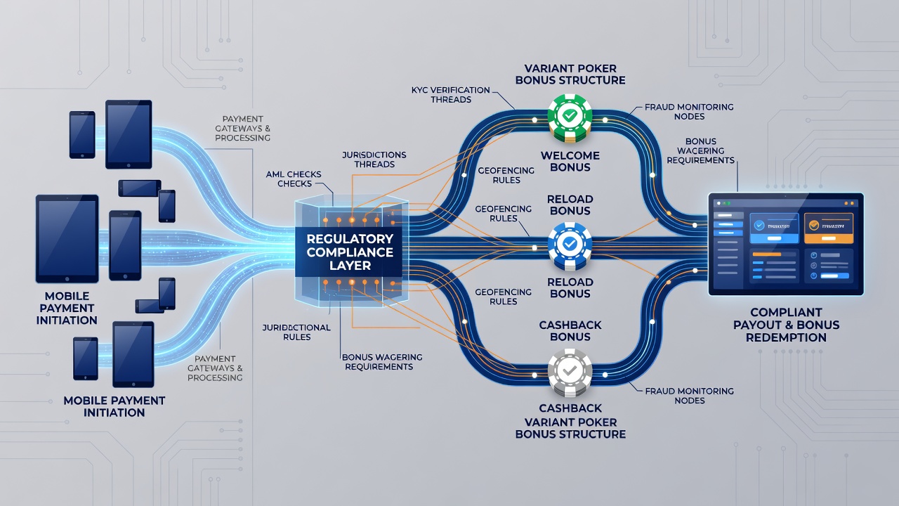 Flow diagram illustrating mobile payment paths through poker bonus systems